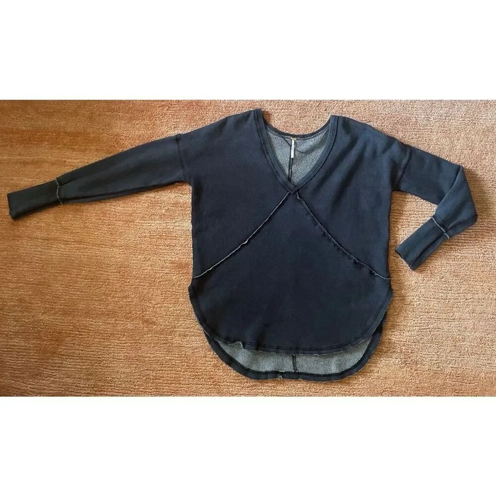 Free People Navy Blue Fleece Sweatshirt Size S Deep V Neck Oversized